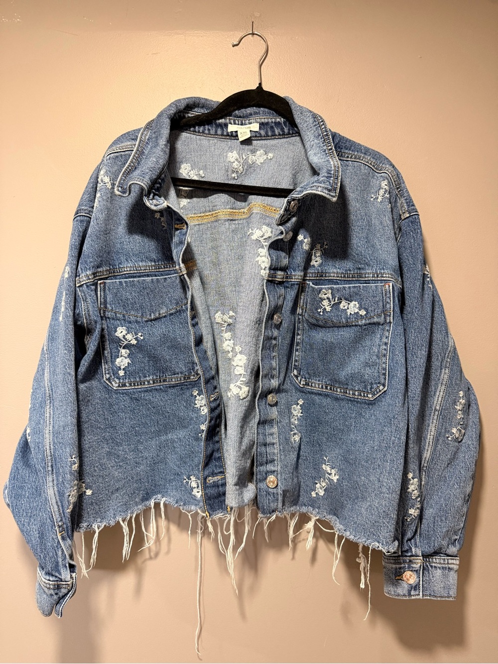 Maurices Light Blue Distressed Denim Jacket with Frayed Hem